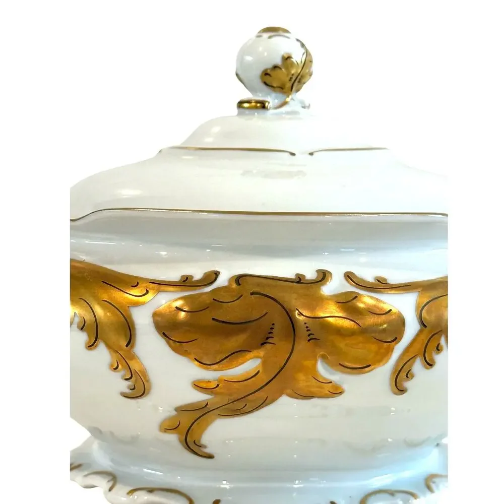 Walbrzych Poland Serving Dish w/Lid White Heavy Gold Scrolls-Rare-Excellent !